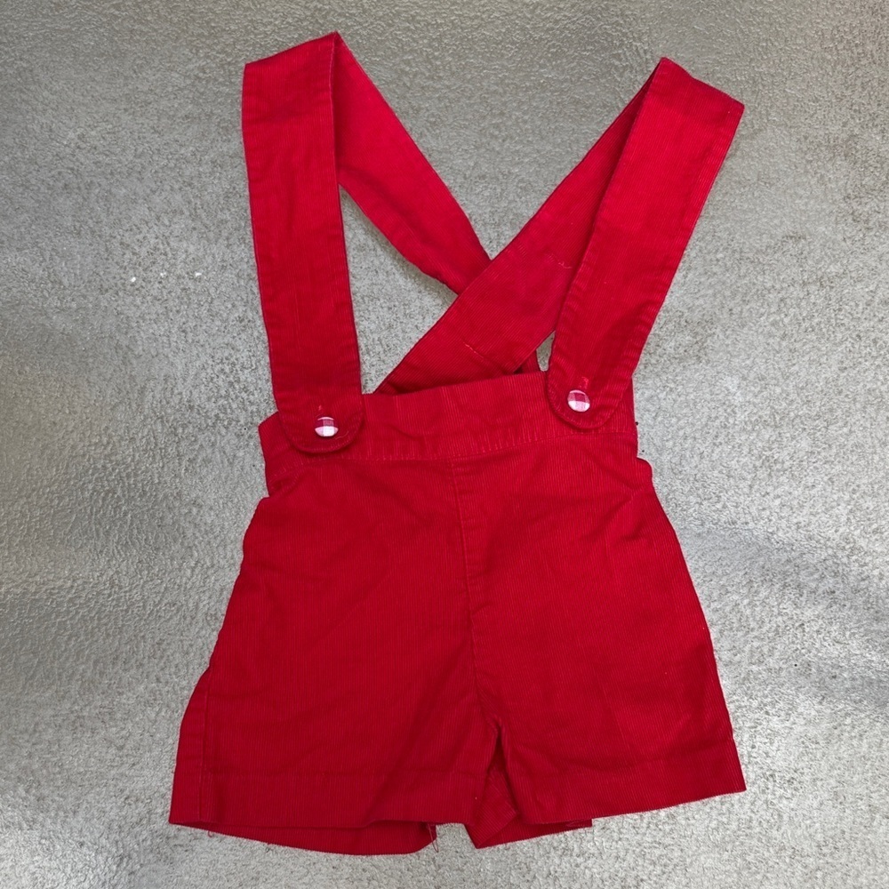 Shrimp & Grits Kids red corduroy with plaid button romper size 12M